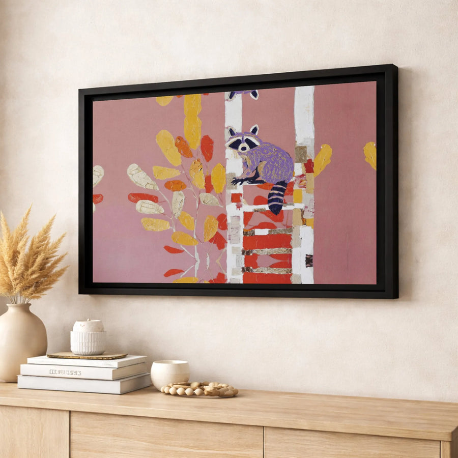 Raccoon Canvas Wall Art | Abstract Autumn Animal Print | Gallery Quality 1.25-Inch Thick | Whimsical Nature Decor for Kids Bedroom or Nursery
