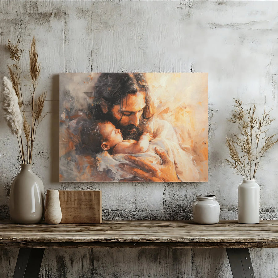 Jesus Holding Baby Canvas Art | Modern Religious Painting Print | Premium Gallery Wrapped Canvas | Spiritual Home Decor Gift