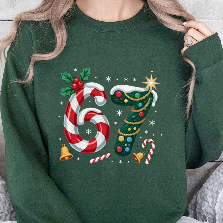 67th Birthday Christmas Sweatshirt | Candy Cane and Holiday Tree Number Design | Soft Cotton Blend Fleece | Festive Party Gift for Him or Her