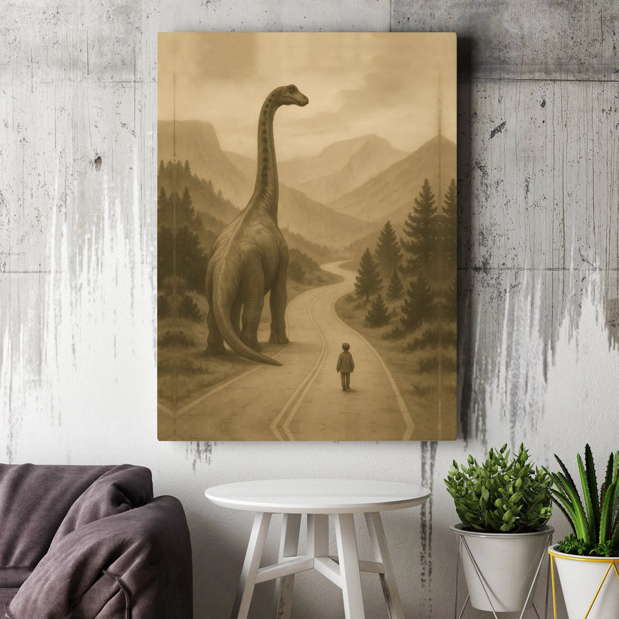 Dinosaur Wall Art | Surreal Boy and Brachiosaurus Landscape | Premium Gallery-Wrapped Canvas | Unique Nursery or Office Decor Gift