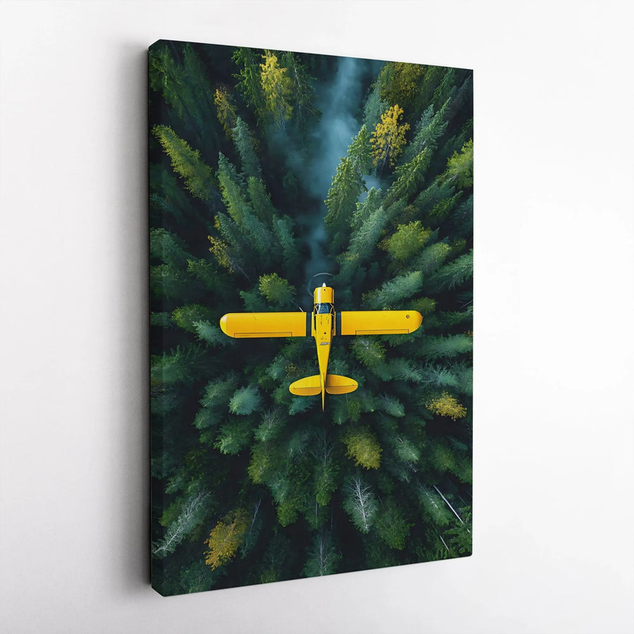 Yellow Airplane Wall Art | Aerial Forest Landscape Canvas Print | Premium Gallery Wrap Decor | Aviation Gift for Pilots & Adventure Enthusiasts