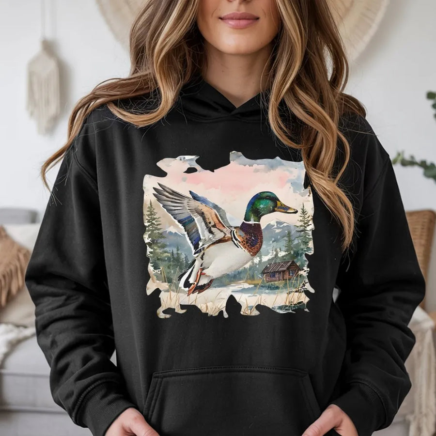 Mallard Duck Hoodie | Vintage Watercolor Wildlife Art | Premium Cotton Blend | Nature Lover Hunting Gift for Men and Women