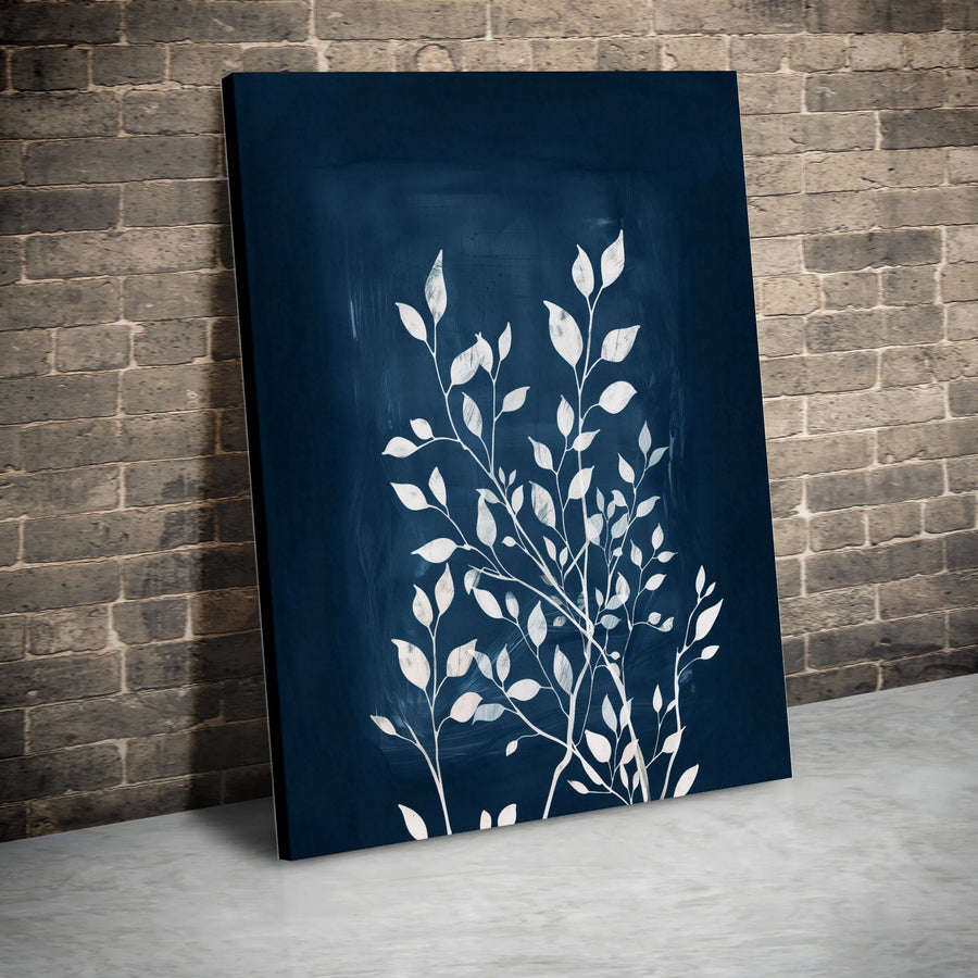 Navy Blue Botanical Canvas Wall Art | Minimalist White Leaf Silhouette | Premium Gallery Canvas Print | Modern Home Decor Gift