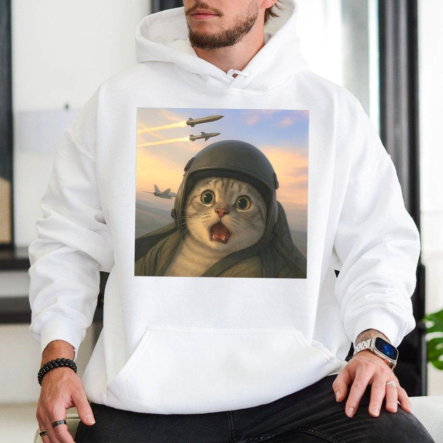 Soldier Cat Hoodie | Fighter Pilot Kitty Graphic Design | Soft Premium Cotton Blend | Funny Meme Gift for Cat Lovers and Military Aviation Fans