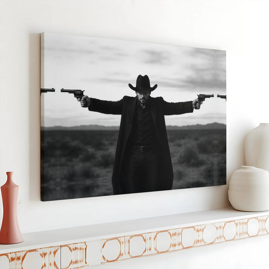 Western Cowboy Wall Art | Black and White Gunslinger Portrait | Premium Gallery-Wrapped Canvas | Masculine Office and Living Room Decor Gift