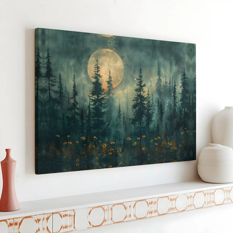 Misty Forest Canvas Wall Art | Ethereal Full Moon Painting | Premium Gallery Wrapped Canvas | Rustic Cabin Decor Gift