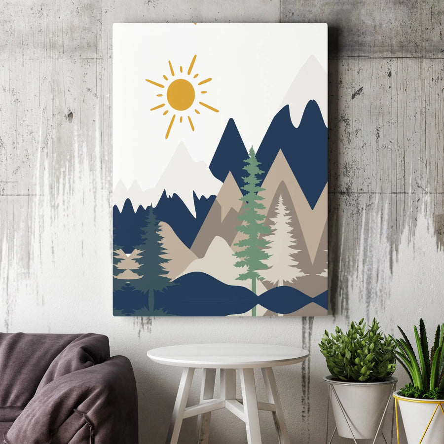 Mid-Century Modern Mountain Canvas Art | Minimalist Pine Forest Wall Decor | Premium Fade-Resistant Print | Geometric Nature Landscape Gift