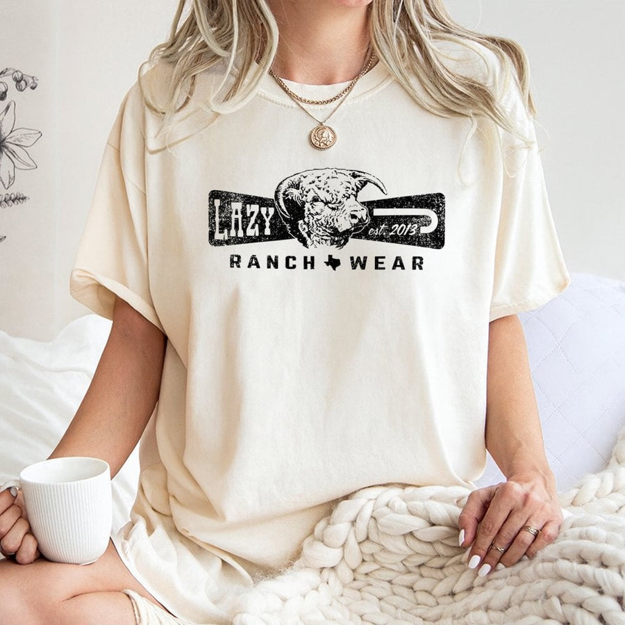 Lazy Ranch Wear T-Shirt | Distressed Western Bull Logo Graphic | 100% Cotton Premium Tee | Comfortable Cowboy Apparel Gift for Men and Women