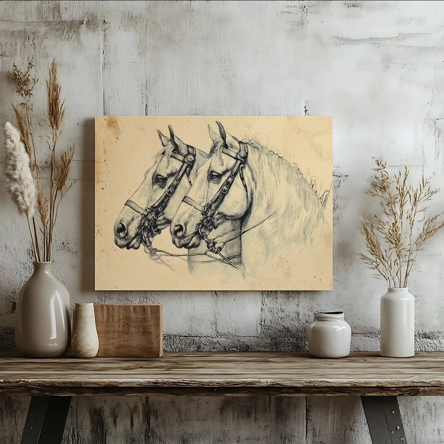 Equestrian Wall Art Canvas | Vintage Two Horses Sketch Drawing | Premium Gallery Wrapped Decor | Horse Lover Farmhouse Gift