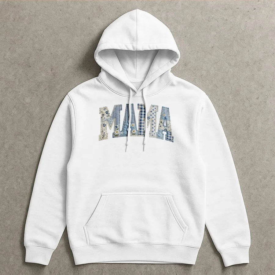 Mama Hoodie | Blue Country Patchwork Print Letters | Premium Soft Cotton | Mother's Day Gift for New Mom