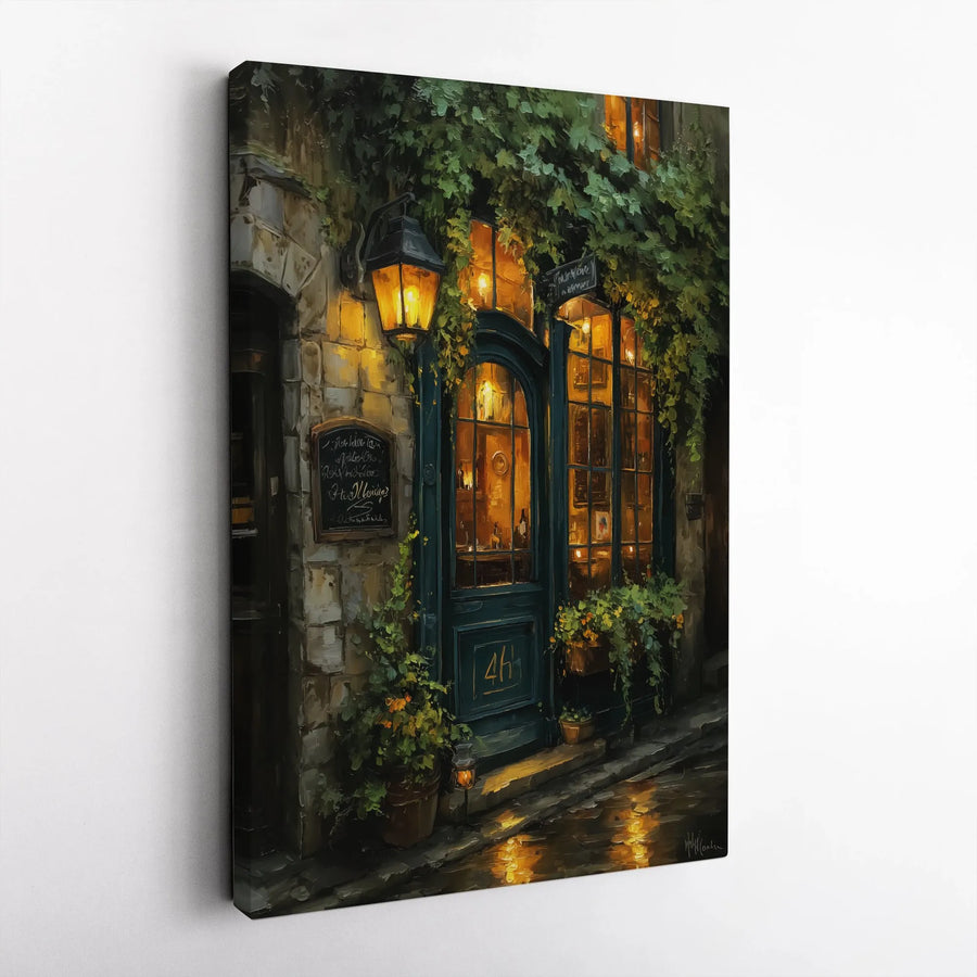 Parisian Street Cafe Canvas Print | Cozy Night Storefront with Warm Glowing Lanterns | Gallery-Quality Thick Wrap | Aesthetic Home Decor Gift