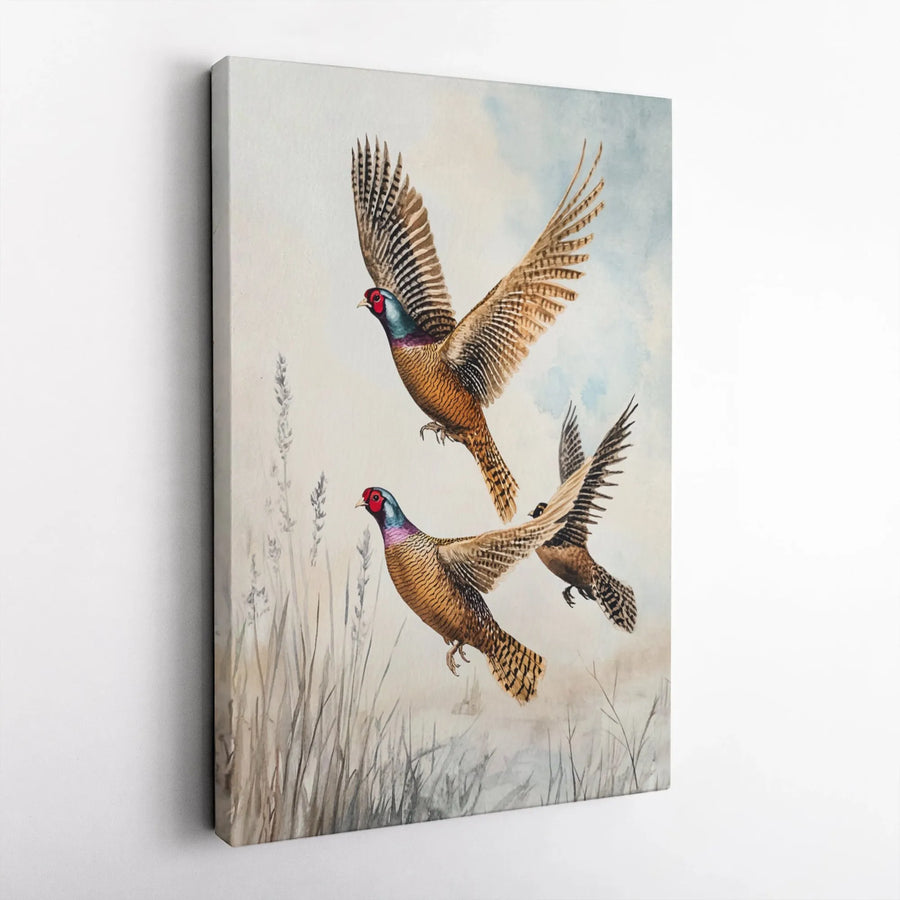 Pheasant Hunting Canvas Wall Art | Flying Game Birds Watercolor Print | 1.25 Inch Gallery Wrap | Wildlife Home Decor Gift for Hunters