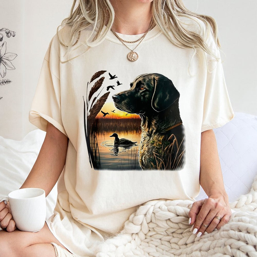 Hunting Dog T-Shirt | Duck Hunting Sunset Graphic | Premium Cotton Wildlife Apparel | Outdoor Sportsmen Gift