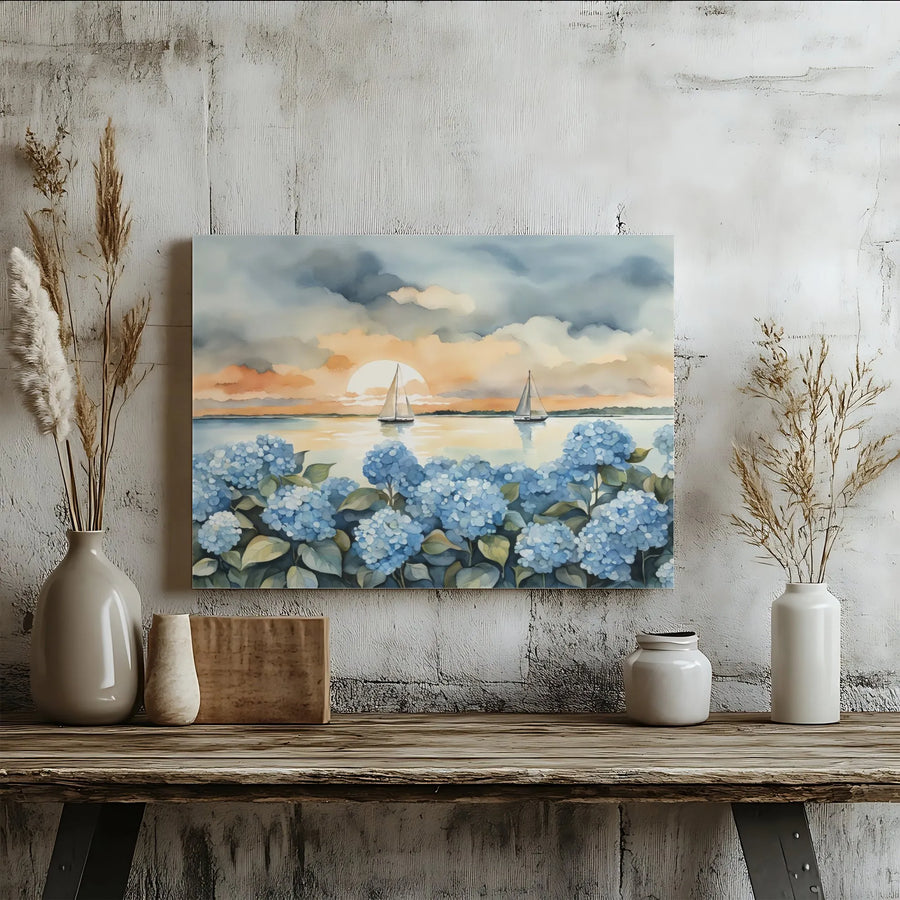 Blue Hydrangea Sailboat Canvas Art | Sunset Coastal Seascape Print | Gallery-Quality 1.25-Inch Frame | Beach House Wall Decor Gift