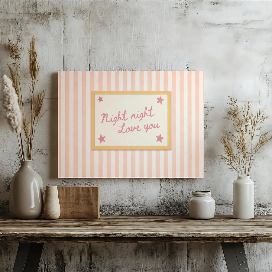 Night Night Love You Canvas Wall Art | Pink Stripes & Stars Quote Print | Premium Gallery Wrap Canvas | Nursery Decor Gift for Kids Room