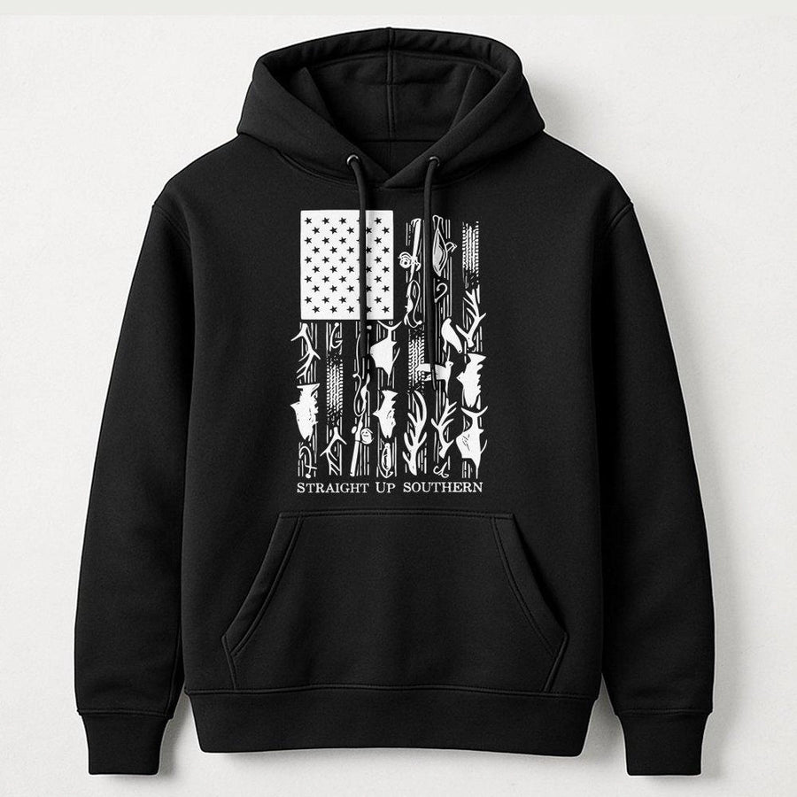 American Flag Fishing Hoodie | Outdoors Hunting & Fishing Graphic Print | Premium Cotton Blend | Patriotic Gift for Men & Women