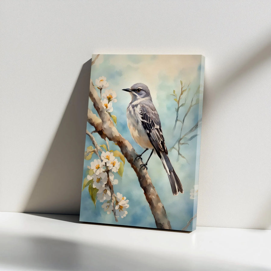 Watercolor Bird Canvas Print | Mockingbird on Flowering Branch Art | Premium Thick Gallery Wrap | Nature Lover Gift & Wall Decor