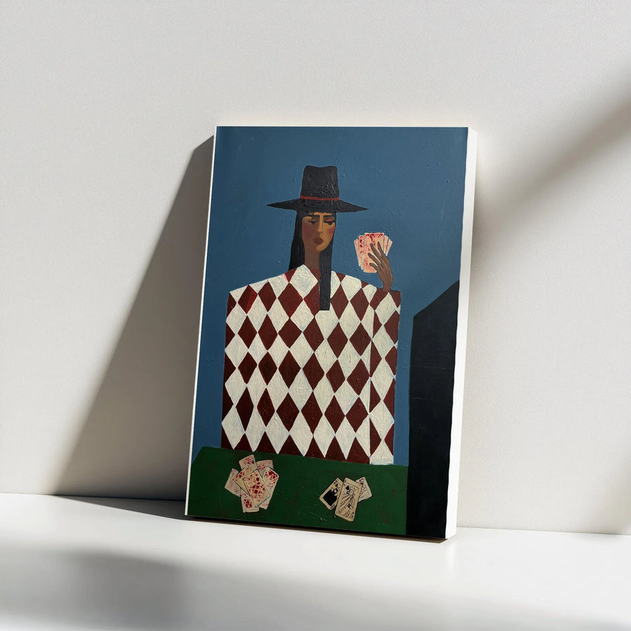 Abstract Card Player Canvas Wall Art | Modern Woman Gambler Painting | Premium Gallery Wrapped Canvas | Game Room Decor Gift for Poker Player