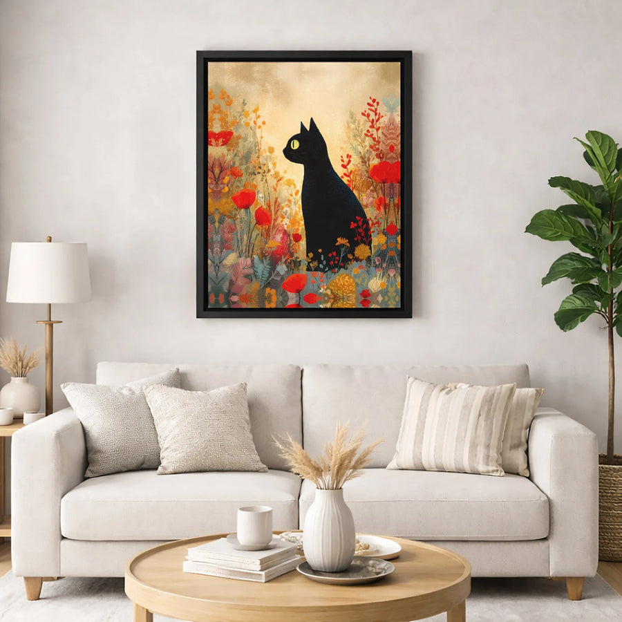 Black Cat Wall Art | Whimsical Wildflower Field Canvas Print | Premium Gallery Wrapped Decor | Gift for Cat Lovers & Nature Enthusiasts