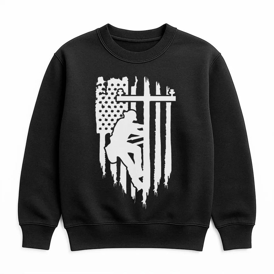 Lineman American Flag Sweatshirt | Distressed Utility Power Worker Design | Premium Cotton Blend | Patriotic Gift for Lineworkers & Electricians