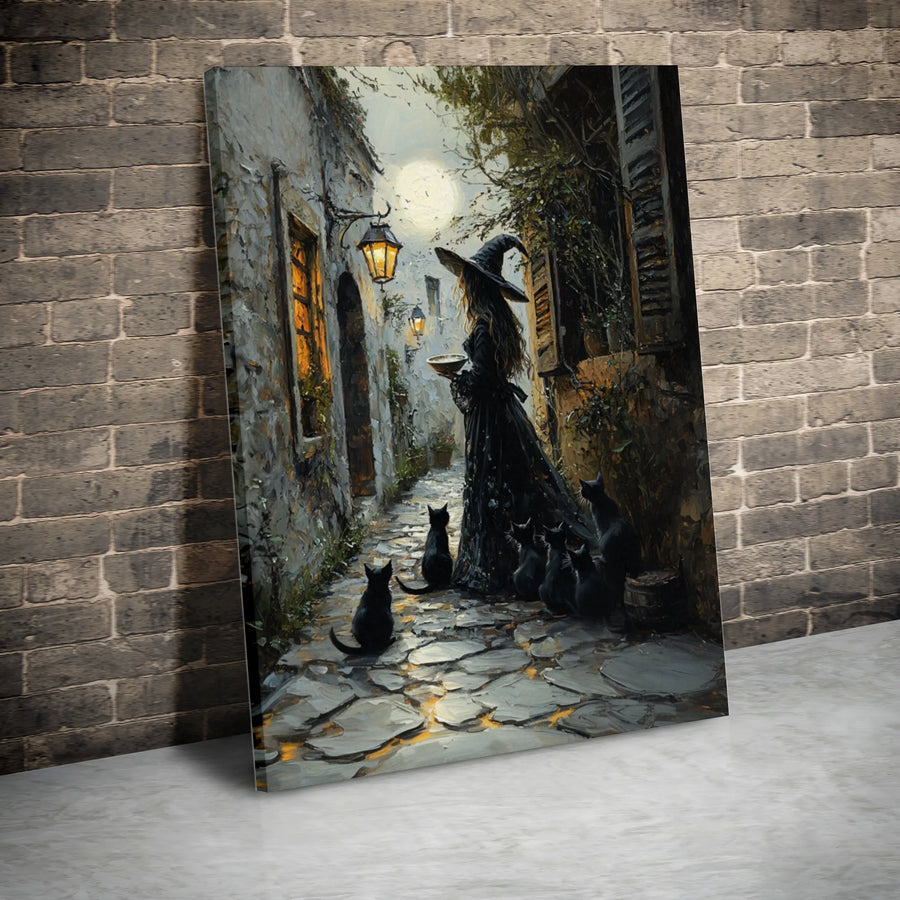 Witch Wall Art Canvas Print | Gothic Alley Witch and Black Cats Design | Premium 1.25-Inch Thick Gallery Wrap | Spooky Halloween Home Decor Gift