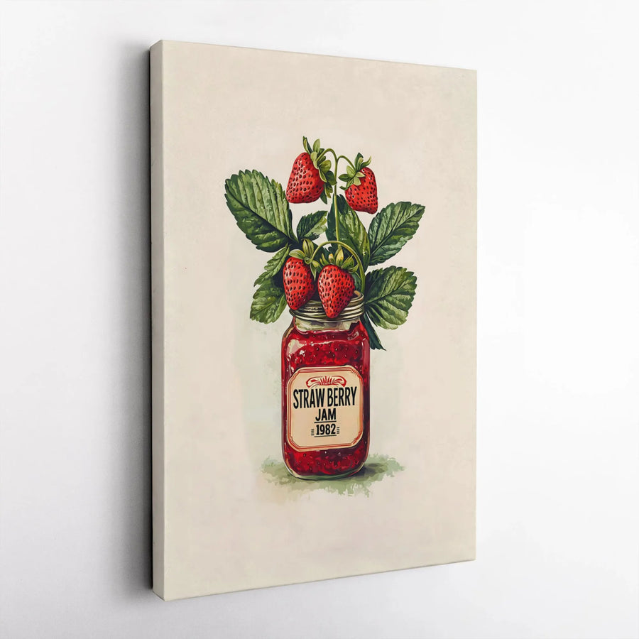Strawberry Jam Jar Wall Art | Botanical Kitchen Decor | Premium Fade-Resistant Canvas | Vintage Food Illustration Gift for Home Decor