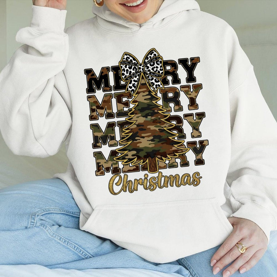 Camo Christmas Tree Hoodie | Leopard Bow Holiday Graphic Print | Premium Cotton-Blend Sweatshirt | Festive Country Style Gift For Women