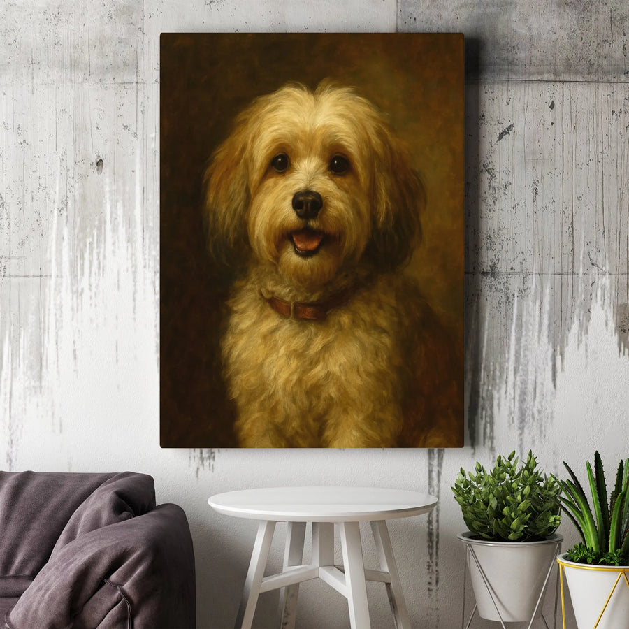 Fluffy Dog Portrait Canvas Wall Art | Vintage Oil Painting Style Pet Print | Gallery Wrapped Premium Decor | Gift For Dog Lovers