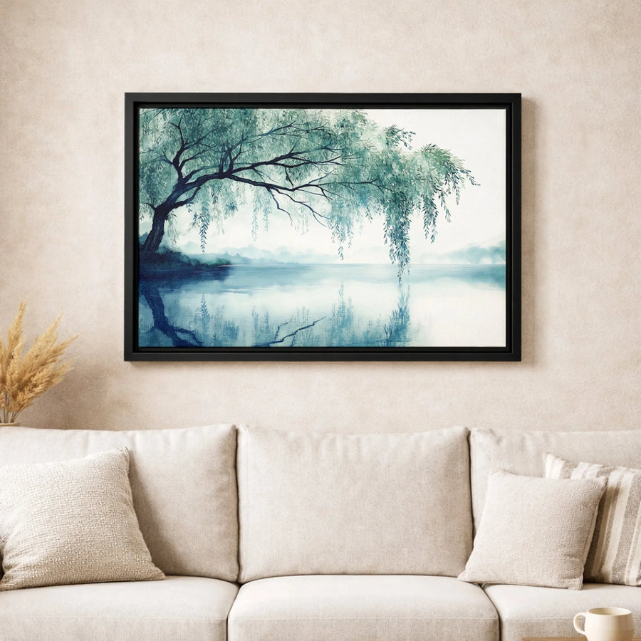 Weeping Willow Canvas Wall Art | Misty Lake Watercolor Painting | Premium Fade-Resistant Gallery Wrap | Serene Nature Home Decor Gift