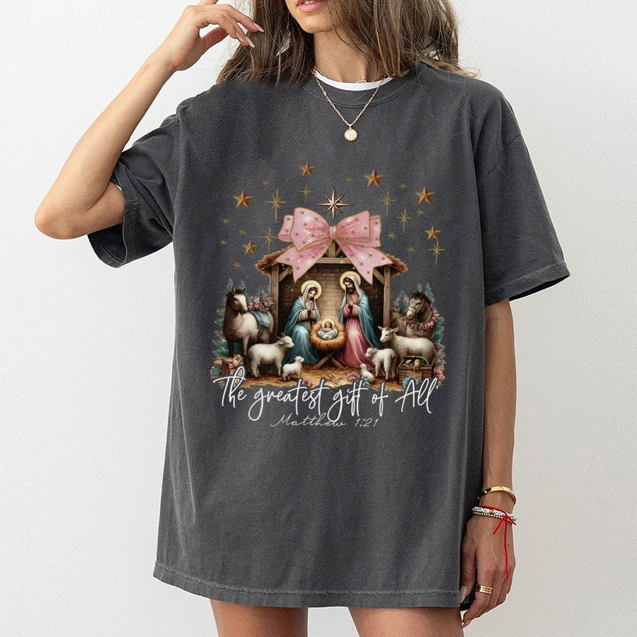 Nativity Scene T-Shirt | The Greatest Gift Of All Christian Christmas Apparel | 100% Cotton Religious Graphic Tee | Faith Inspired Holiday Gift