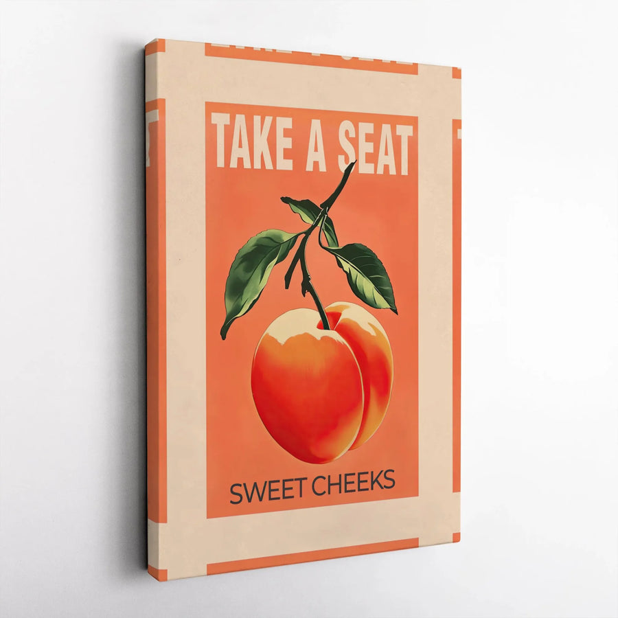 Take A Seat Sweet Cheeks Wall Art | Retro Peach Fruit Print | Premium Gallery Wrapped Canvas | Funny Bathroom Decor for Home or Office