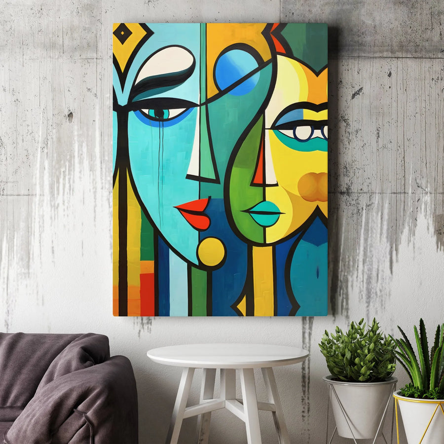 Abstract Cubist Face Canvas Art | Modern Colorful Two Faces Wall Decor | Premium Fade-Resistant Print | Bold Geometric Statement Gift
