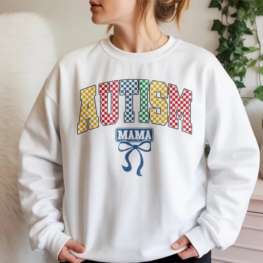 Autism Mama Sweatshirt | Retro Checkerboard Awareness Graphic | Premium Cotton Blend | Gift for Autism Mom Support and Advocacy