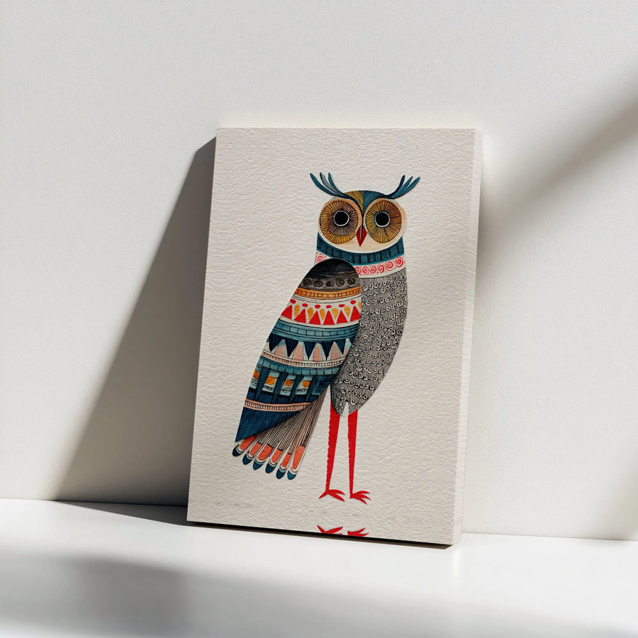 Folk Art Owl Canvas Print | Colorful Nordic Pattern Illustration | Premium Textured Canvas | Bohemian Nursery Wall Decor Gift