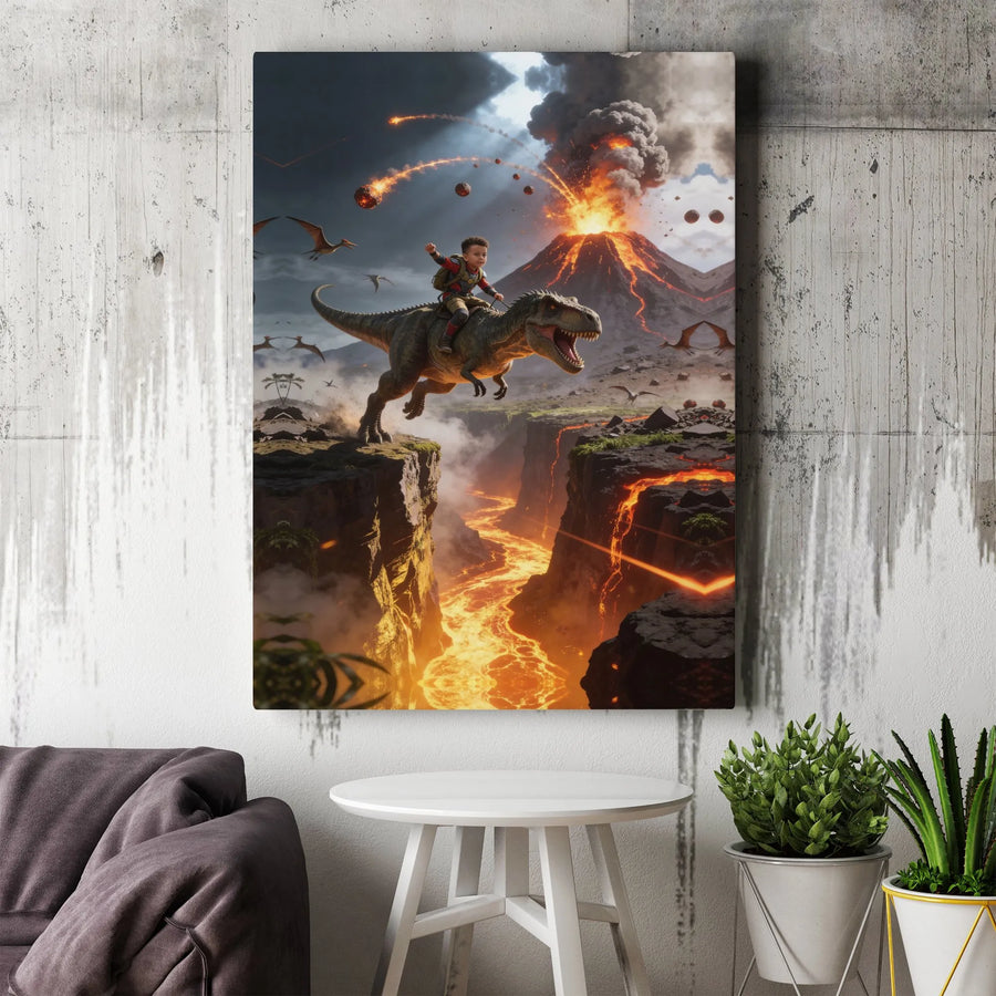 Dinosaur Adventure Canvas Wall Art | Epic Volcano Eruption & T-Rex Rider | Premium Fade-Resistant Print | Gift for Boys Room Decor