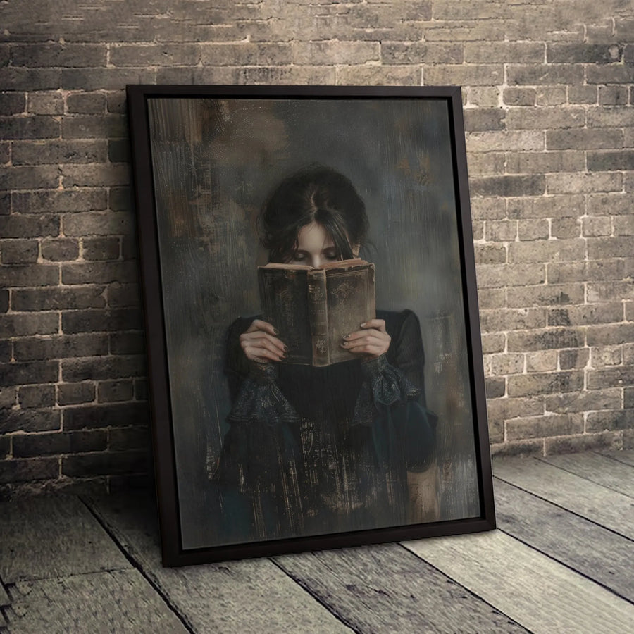 Dark Academia Wall Art | Woman Reading Old Book Portrait | Gallery Wrapped Canvas Decor | Moody Aesthetic Gift for Book Lovers