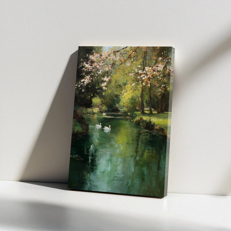 Swan Lake Canvas Print | Impressionist Spring Landscape | Premium Gallery Wrap Canvas | Living Room & Bedroom Wall Decor Gift