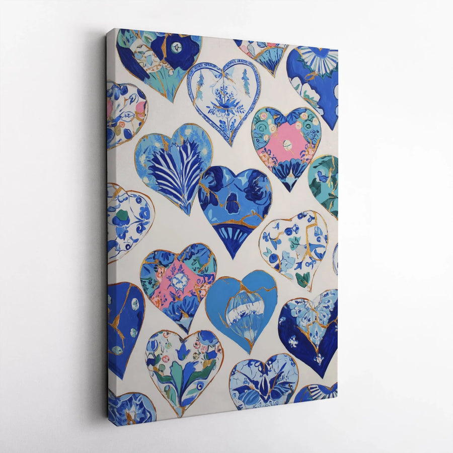Chinoiserie Heart Wall Art | Blue and White Floral Canvas Print | Kintsugi Gold Accent Decor | Premium Gallery Wrap Gift for Home