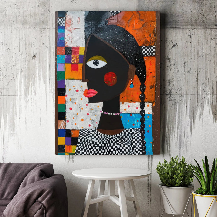 Abstract Black Woman Canvas Wall Art | Modern Cubist Portrait with Geometric Patterns | Premium Gallery Wrapped Print | Cultural Home Decor Gift