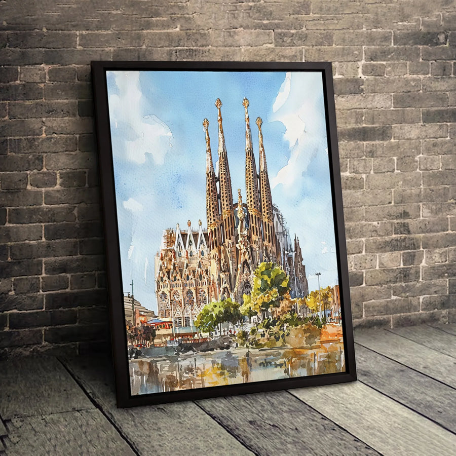 Sagrada Familia Canvas Wall Art | Barcelona Cathedral Watercolor Print | Gallery Quality 1.25" Profile | Travel Home Decor Gift for Travelers