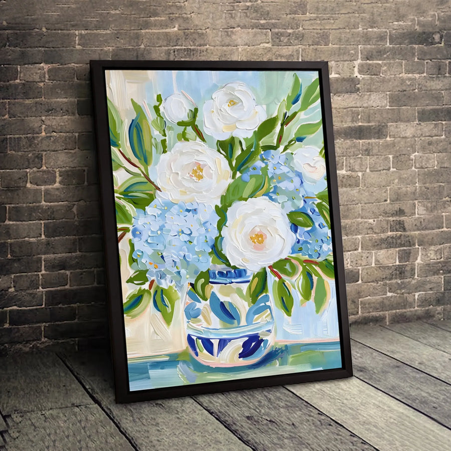 Floral Canvas Wall Art | White Rose and Blue Hydrangea Oil Painting | Premium Textured Gallery Wrap | Elegant Home Decor Gift