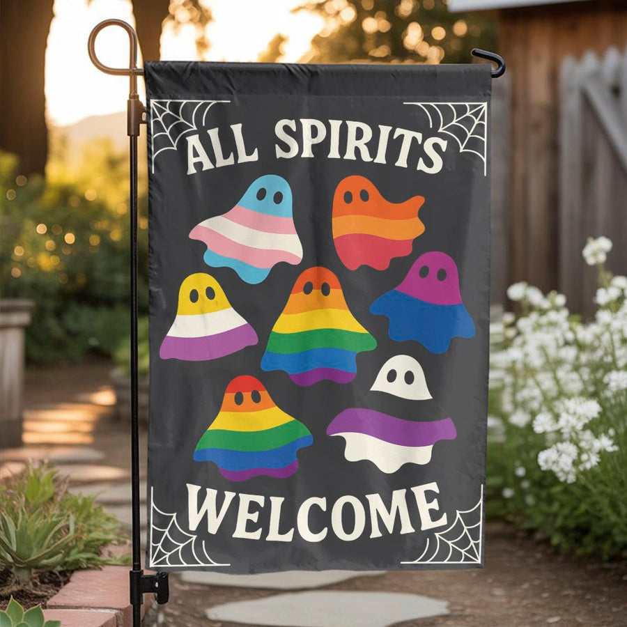 LGBTQ Pride Halloween Garden Flag | All Spirits Welcome Ghost Design | Weather-Resistant Polyester | Inclusive Yard Decor & Outdoor Gift