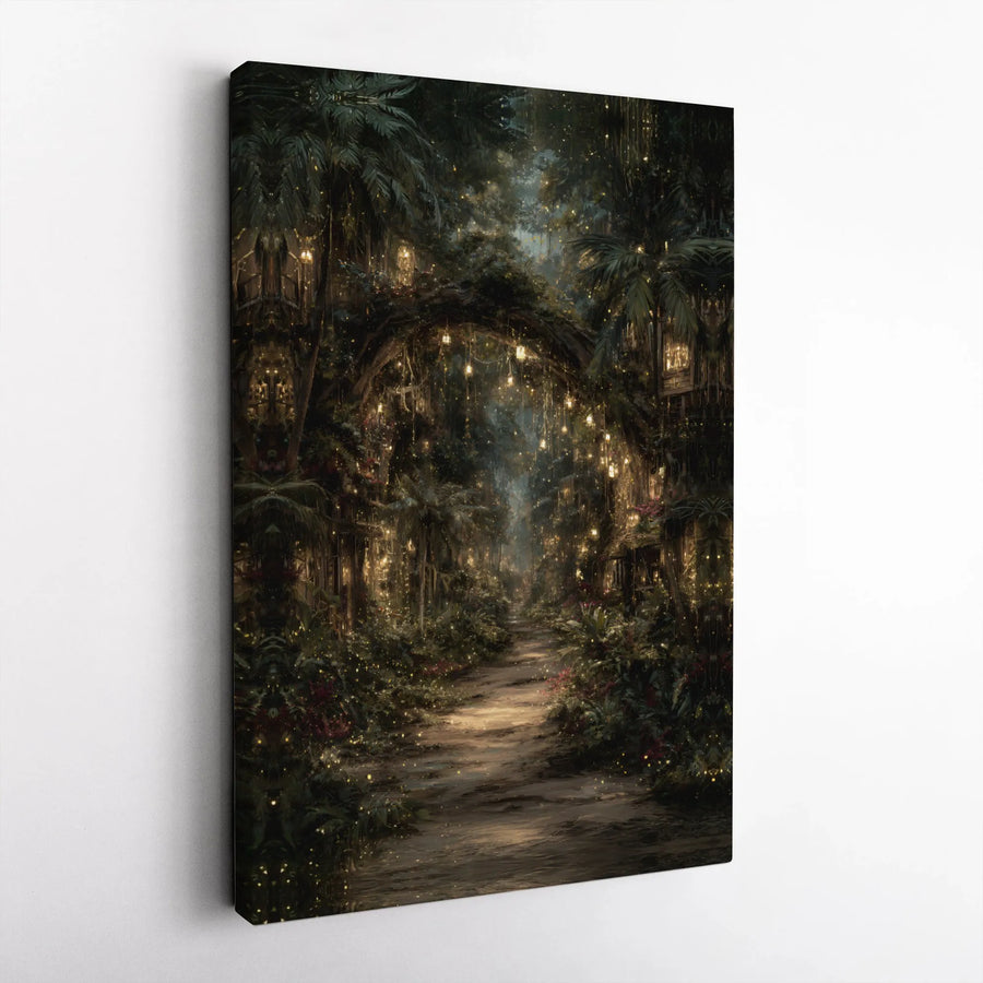 Enchanted Forest Canvas Wall Art | Fairy Light Path With Lanterns | Premium Gallery Wrap Decor | Magical Nature Gift For Home Office