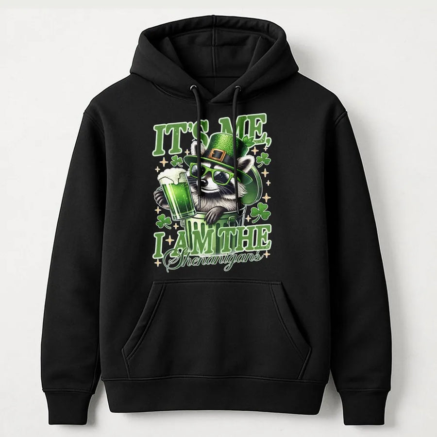 St Patrick's Day Hoodie | It's Me I Am The Shenanigans Raccoon Graphic | Premium Cotton Blend Unisex Sweatshirt | Funny Irish Party Gift For Him Her