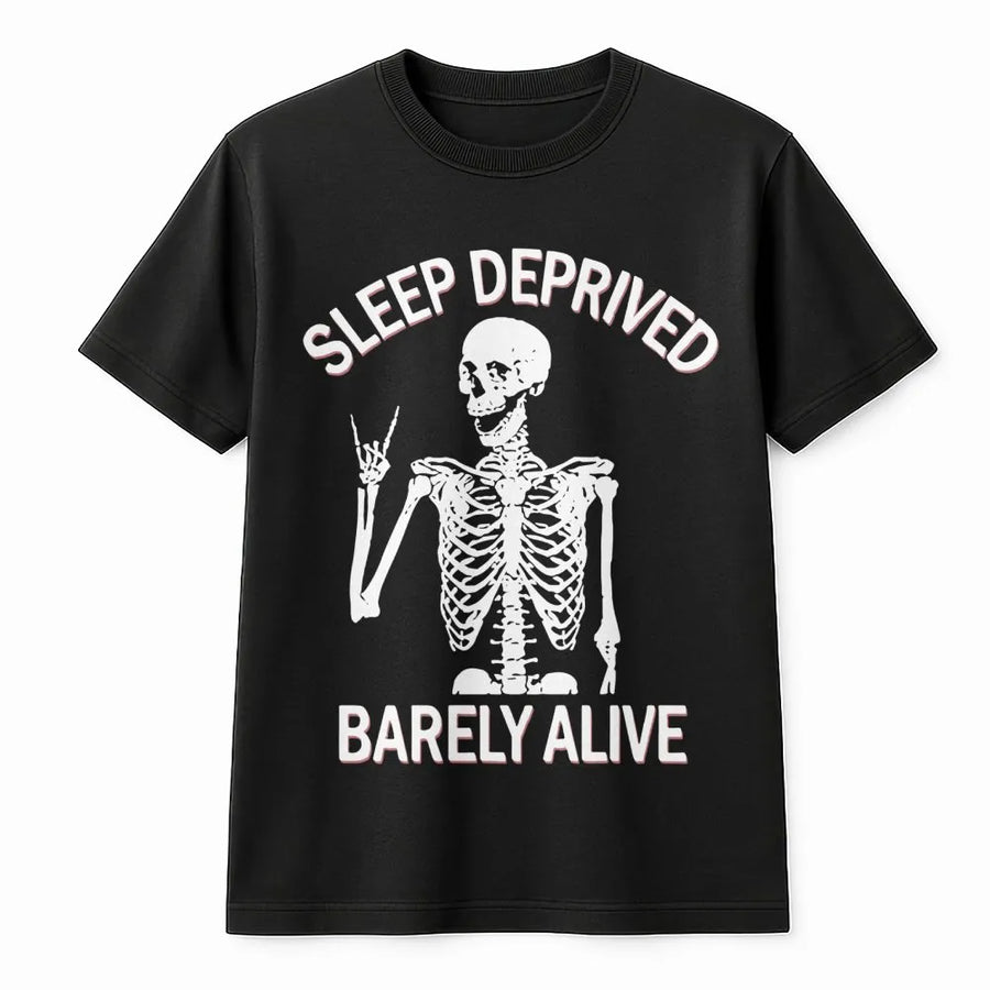 Sleep Deprived Barely Alive T-Shirt | Funny Skeleton Rock Hand Graphic | Premium Soft Cotton Tee | Sarcastic Gift for Tired Adults