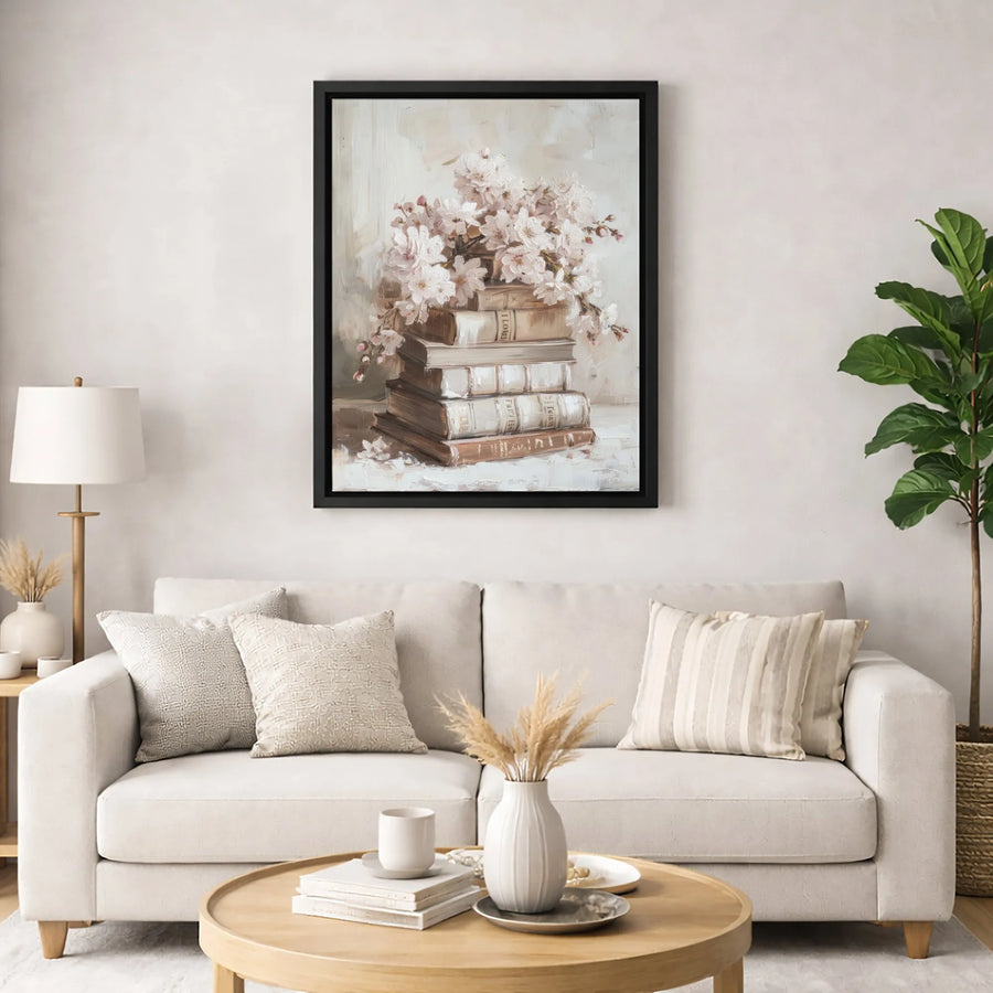 Vintage Books and Cherry Blossom Canvas Art | Botanical Still Life Wall Decor | Premium Fade-Resistant Print | Elegant Gift for Book Lovers