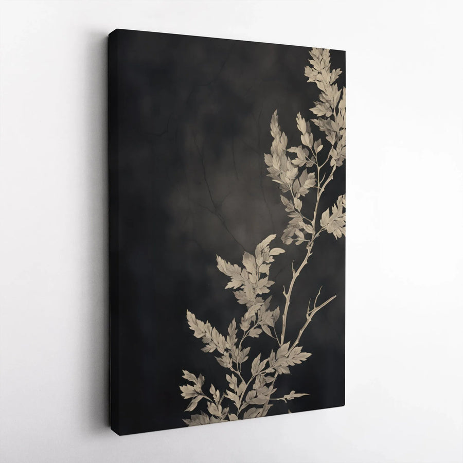 Botanical Leaf Canvas Wall Art | Moody Black and White Plant Illustration | Premium Gallery Wrapped Print | Modern Minimalist Home Decor Gift