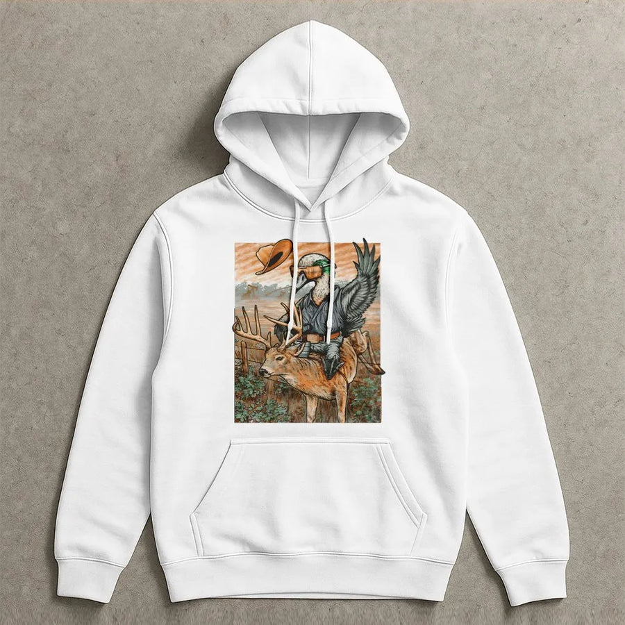 Funny Duck Riding Deer Hoodie | Hunter Country Wildlife Graphic | Cotton-Poly Blend Premium Sweatshirt | Gift for Hunters & Outdoorsmen