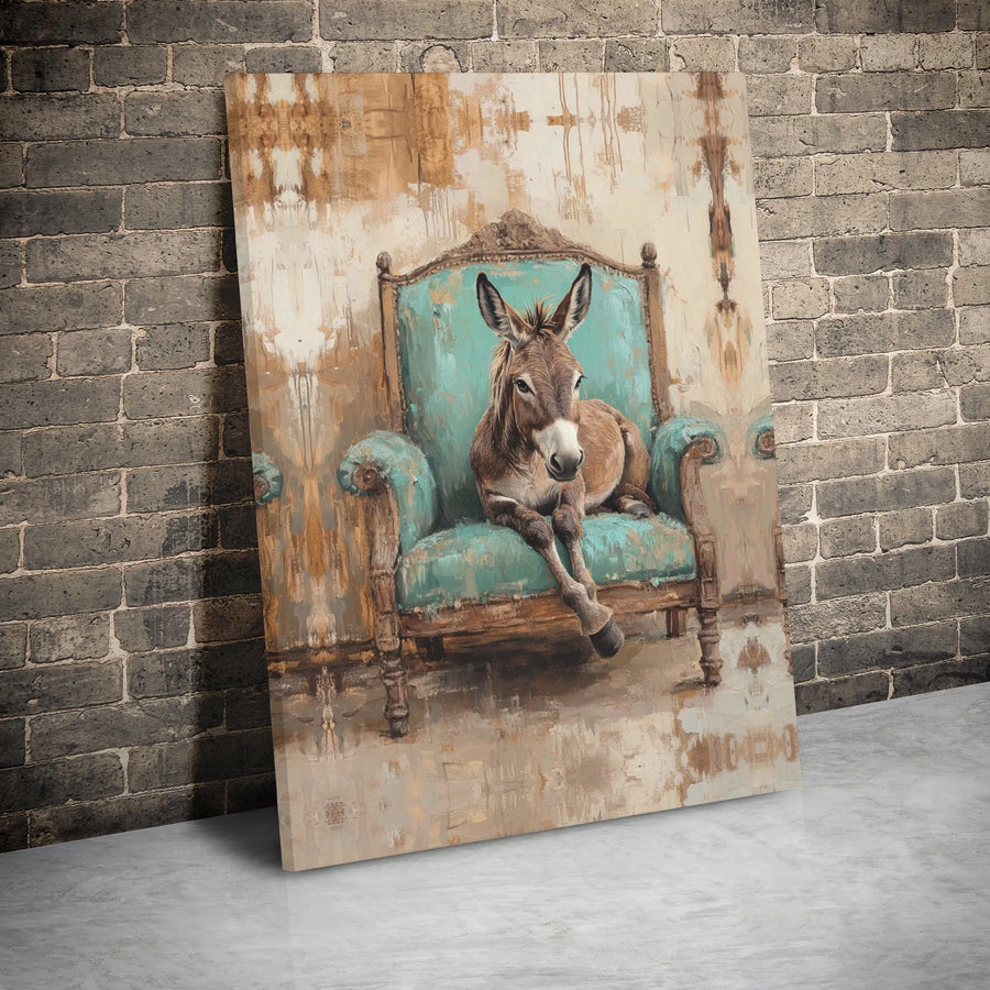 Donkey Wall Art Canvas | Whimsical Farm Animal in Teal Armchair | Premium Gallery Wrap Print | Unique Rustic Farmhouse Home Decor
