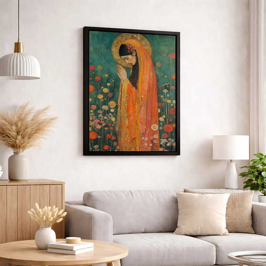 Virgin Mary Canvas Wall Art | Art Nouveau Floral Prayer Painting | Premium Gallery Wrap Print | Religious Home Decor Gift
